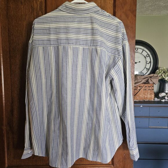 EVALESS Womens L Striped V-Neck Button-Down Blouse Preppy Sophisticated Workwear - Picture 4 of 11